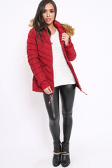 Red Padded Coat With Faux Fur Trim Hood - Jocelyn-Coats