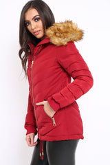 Red Padded Coat With Faux Fur Trim Hood - Jocelyn-Coats