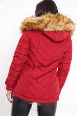 Red Padded Coat With Faux Fur Trim Hood - Jocelyn-Coats