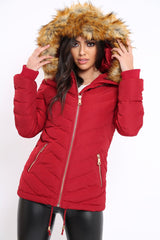 Red Padded Coat With Faux Fur Trim Hood - Jocelyn-Coats