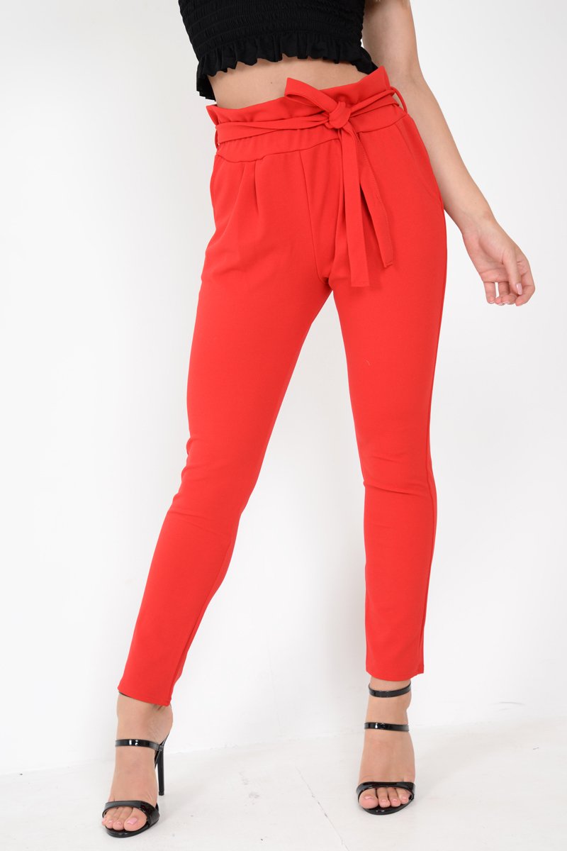 Red Paper Bag Tie Waist Cigarette Trousers - Karmen-Trousers