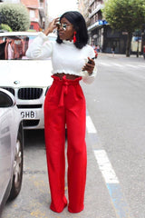 Red Paper Bag Tie Waist Wide Leg Trousers - Kennedy-Trousers