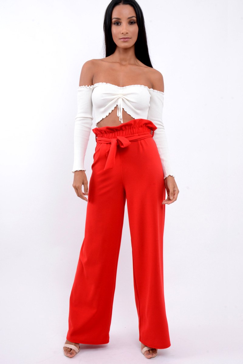 Red Paper Bag Tie Waist Wide Leg Trousers - Kennedy-Trousers