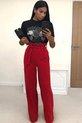 Red Paper Bag Tie Waist Wide Leg Trousers - Kennedy-Trousers