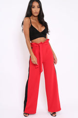 Red Paper Bag Tie Waist Wide Leg Trousers With Black Stripe - Kennedy-Trousers