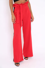 Red Paper Bag Tie Waist Wide Leg Trousers With Black Stripe - Kennedy-Trousers