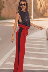 Red Paper Bag Tie Waist Wide Leg Trousers With Black Stripe - Kennedy-Trousers