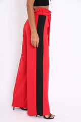 Red Paper Bag Tie Waist Wide Leg Trousers With Black Stripe - Kennedy-Trousers