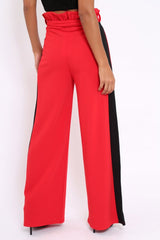 Red Paper Bag Tie Waist Wide Leg Trousers With Black Stripe - Kennedy-Trousers