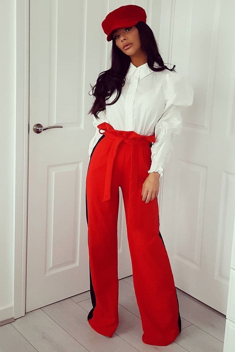 Red Paper Bag Tie Waist Wide Leg Trousers With Black Stripe - Kennedy-Trousers