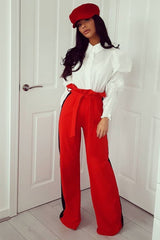 Red Paper Bag Tie Waist Wide Leg Trousers With Black Stripe - Kennedy-Trousers