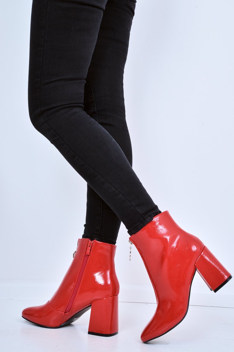 Red Patent Zip Front Ring Pull Block Heel Boots - Mischa-Boots