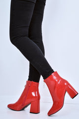 Red Patent Zip Front Ring Pull Block Heel Boots - Mischa-Boots