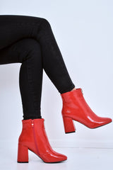 Red Patent Zip Front Ring Pull Block Heel Boots - Mischa-Boots