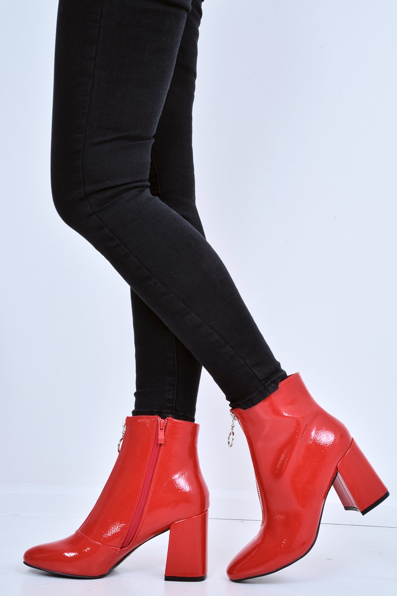 Red Patent Zip Front Ring Pull Block Heel Boots - Mischa-Boots