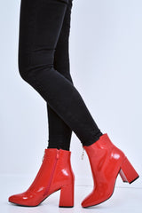 Red Patent Zip Front Ring Pull Block Heel Boots - Mischa-Boots
