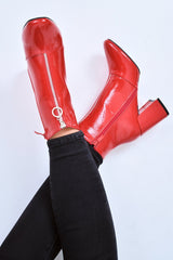 Red Patent Zip Front Ring Pull Block Heel Boots - Mischa-Boots