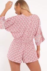 Red Patterned Plunge Kimono Sleeve Playsuit -Nerissa-Playsuits