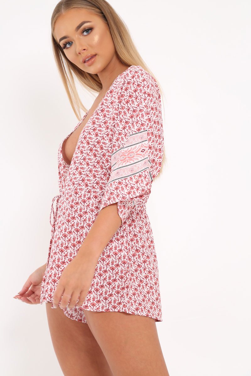 Red Patterned Plunge Kimono Sleeve Playsuit -Nerissa-Playsuits