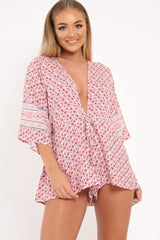 Red Patterned Plunge Kimono Sleeve Playsuit -Nerissa-Playsuits