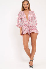 Red Patterned Plunge Kimono Sleeve Playsuit -Nerissa-Playsuits