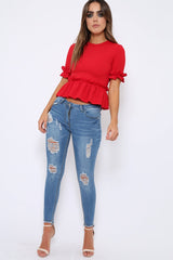 Red Peplum Frill Detail Top - Carly-Tops