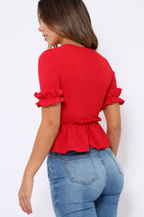 Red Peplum Frill Detail Top - Carly-Tops