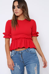 Red Peplum Frill Detail Top - Carly-Tops