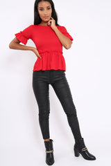 Red Peplum Frill Detail Top with Frill Sleeves - Gretta-Tops