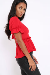 Red Peplum Frill Detail Top with Frill Sleeves - Gretta-Tops