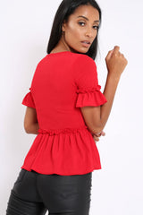 Red Peplum Frill Detail Top with Frill Sleeves - Gretta-Tops