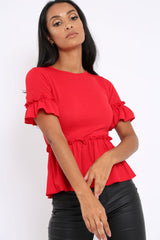 Red Peplum Frill Detail Top with Frill Sleeves - Gretta-Tops