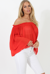 Red Pleated Three Quarter Bell Sleeve Crop - Stacey-Dresses