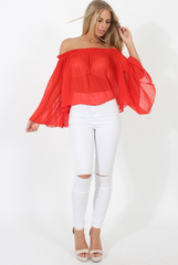 Red Pleated Three Quarter Bell Sleeve Crop - Stacey-Dresses
