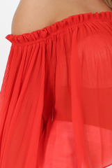 Red Pleated Three Quarter Bell Sleeve Crop - Stacey-Dresses