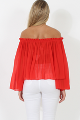 Red Pleated Three Quarter Bell Sleeve Crop - Stacey-Dresses