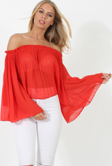 Red Pleated Three Quarter Bell Sleeve Crop - Stacey-Dresses