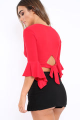 Red Plunge Bell Sleeve Crop Top - Merla-Crop Tops