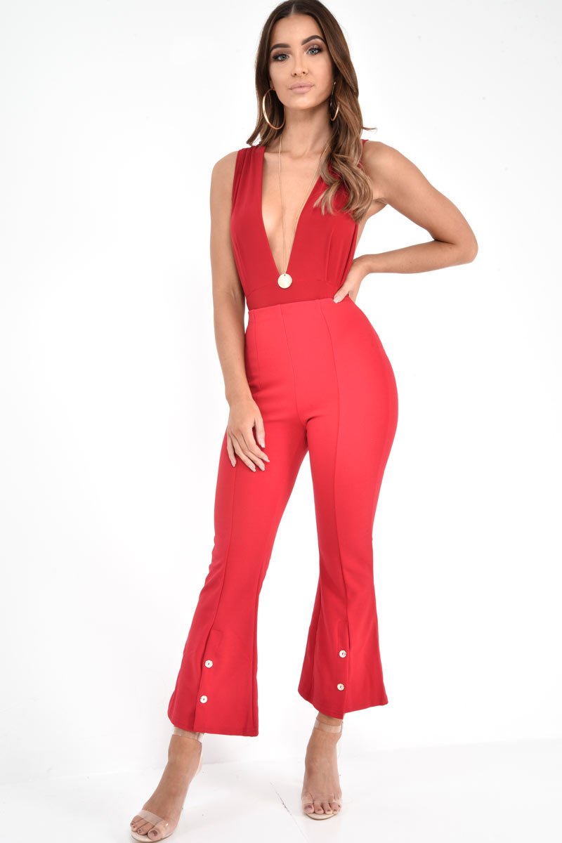 Red Plunge Cross Back Bodysuit - Elenora-Bodysuits