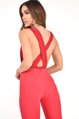 Red Plunge Cross Back Bodysuit - Elenora-Bodysuits