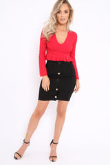 Red Plunge Flare Sleeve Crop Top with Frill Hem - Masie-Crop Tops