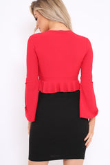 Red Plunge Flare Sleeve Crop Top with Frill Hem - Masie-Crop Tops