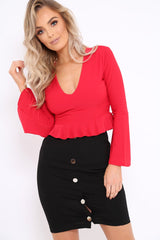 Red Plunge Flare Sleeve Crop Top with Frill Hem - Masie-Crop Tops