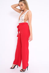Red Plunge Front Lace Jumpsuit - Felice-Jumpsuits