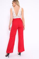 Red Plunge Front Lace Jumpsuit - Felice-Jumpsuits
