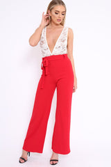 Red Plunge Front Lace Jumpsuit - Felice-Jumpsuits