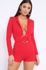 Red Plunge Front Playsuit with Ring Belt Detail - Daylin-Playsuits