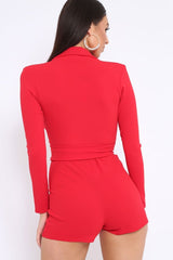 Red Plunge Front Playsuit with Ring Belt Detail - Daylin-Playsuits
