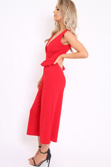 Red Plunge Neck Frill Waist Culottes Jumpsuit - Camille-Jumpsuits