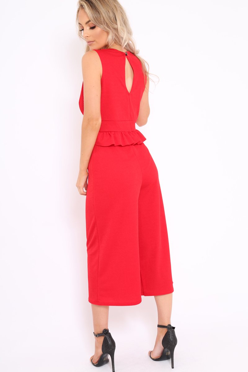 Red Plunge Neck Frill Waist Culottes Jumpsuit - Camille-Jumpsuits